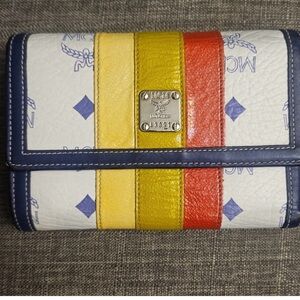 MCM Visetos monogram trifold wallet with yellow, gold and red stripe
